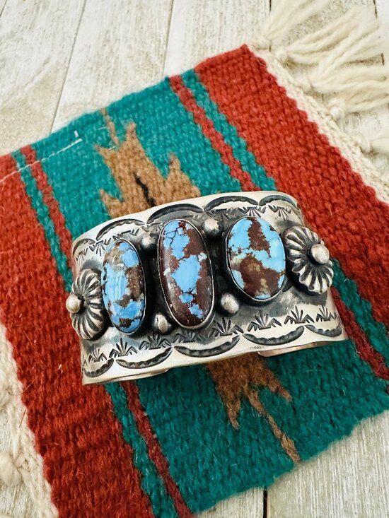 Native American Jewelry - Handcrafted Sterling Silver & Golden Hills Turquoise Cuff Bracelet by Chimney Bu